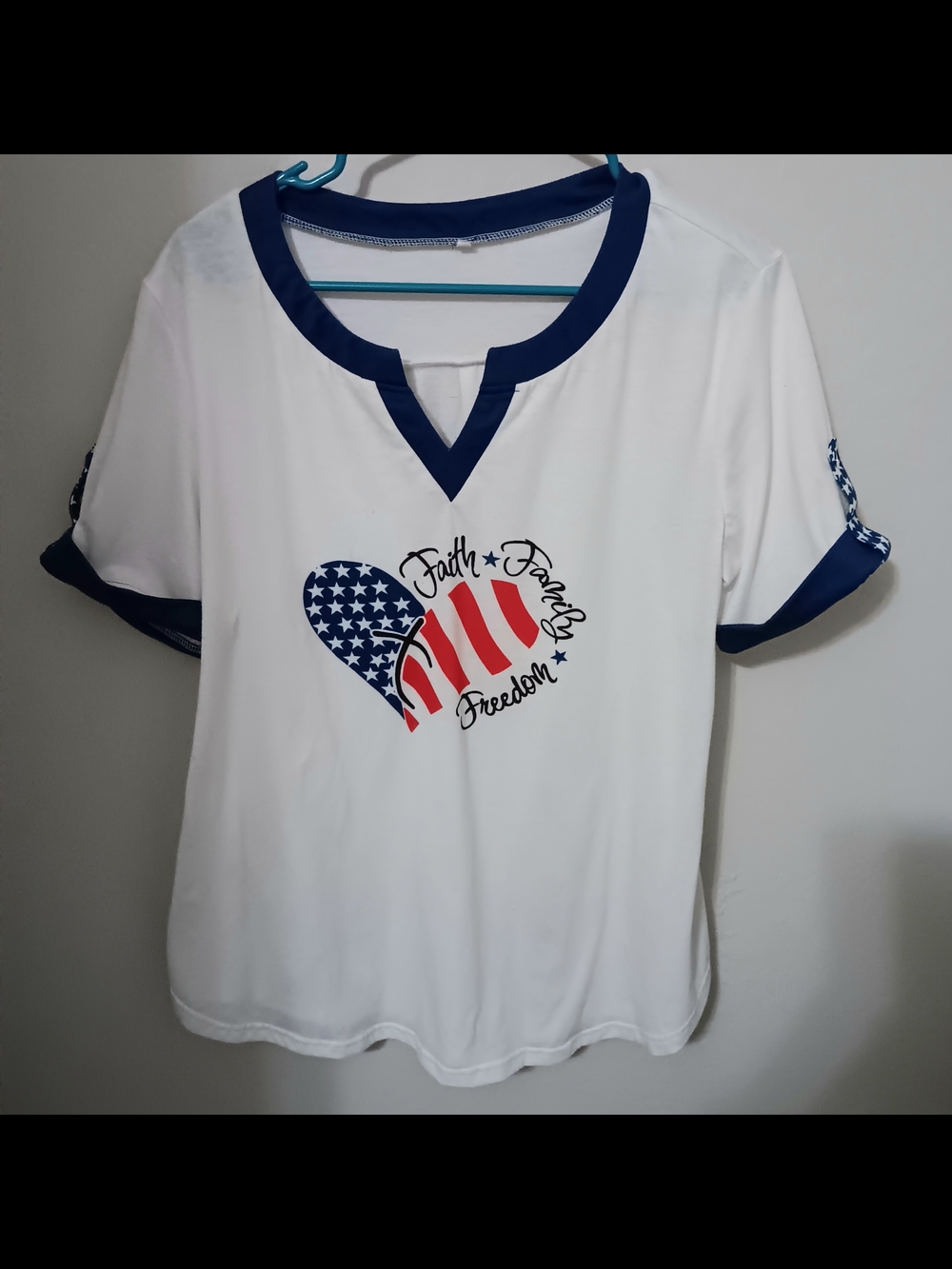 Women’s White Short Sleeve Tee with Navy Trim and Patriotic Heart Graphic